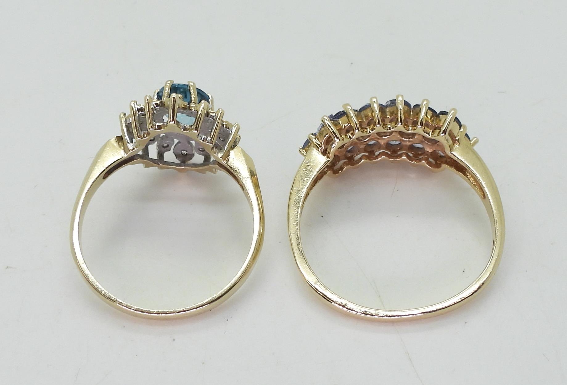 A 9ct blue topaz and  diamond ring, size R, together with a 10k gold tanzanite cluster ring, size X, - Image 5 of 5