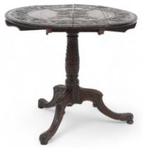 A 19th century stained oak Jacobean style carved drop end table with extensively carved circular top