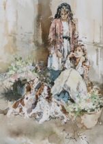 GORDON KING (SCOTTISH 1939-2022)  GIRLS WITH A SPANIELS  Watercolour, signed lower right, 35.5 x