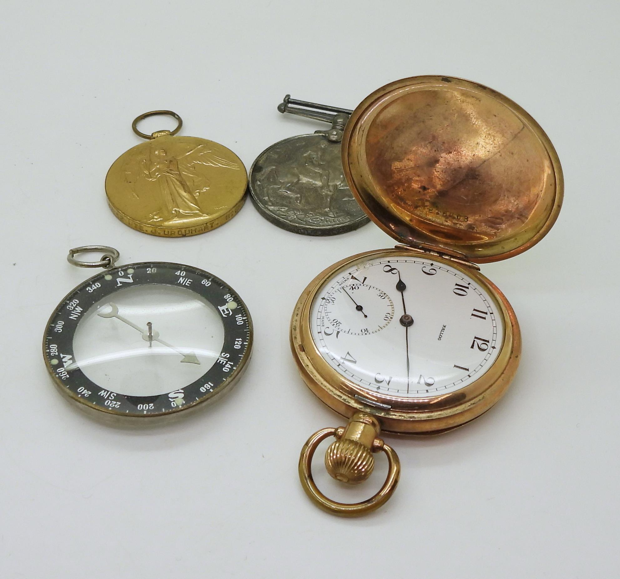 A gold plated Nalog pocket watch, a night and day compass, and a Victory medal and British War medal - Image 2 of 2
