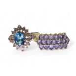 A 9ct blue topaz and  diamond ring, size R, together with a 10k gold tanzanite cluster ring, size X,