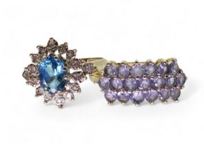 A 9ct blue topaz and  diamond ring, size R, together with a 10k gold tanzanite cluster ring, size X,