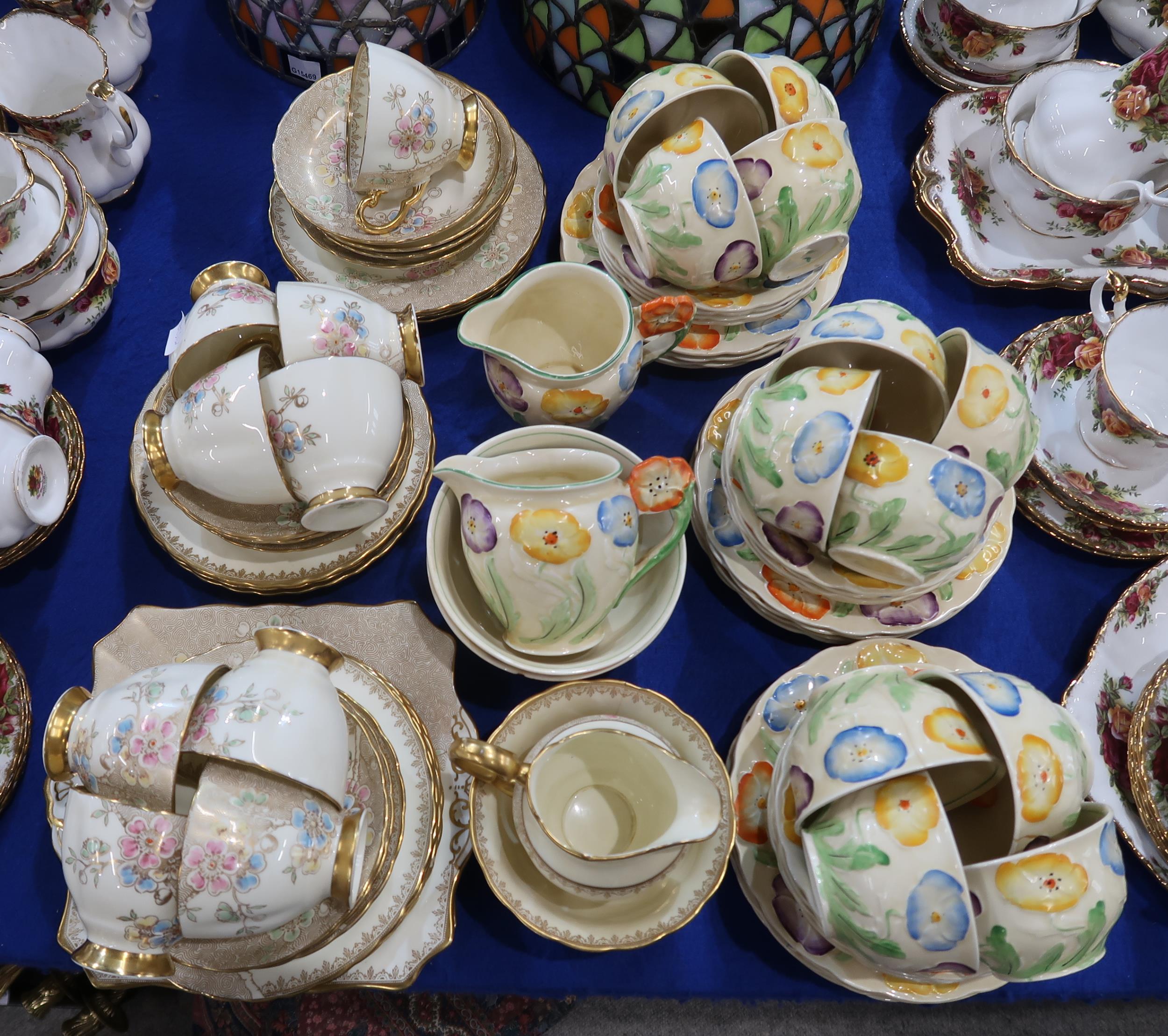 A Grindley's 1930's tea set together with a Plant Tuscan tea set with pink, blue and yellow blossoms