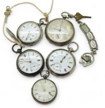 Four silver open face pocket watches and a full hunter, the smallest, with Chester hallmarks for