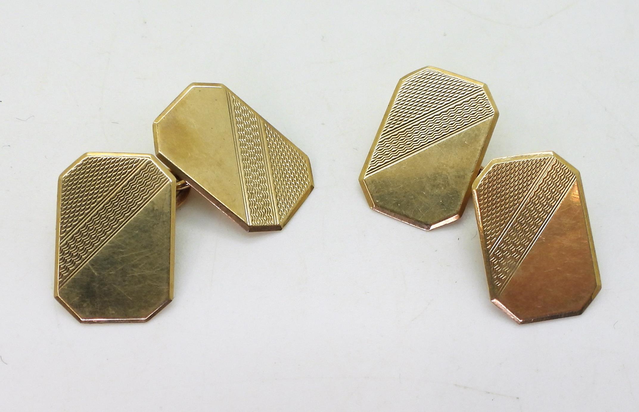 A pair of 9ct gold engine turned engraved cufflinks with Chester hallmarks for 1935, weight 4.4gms - Image 2 of 4