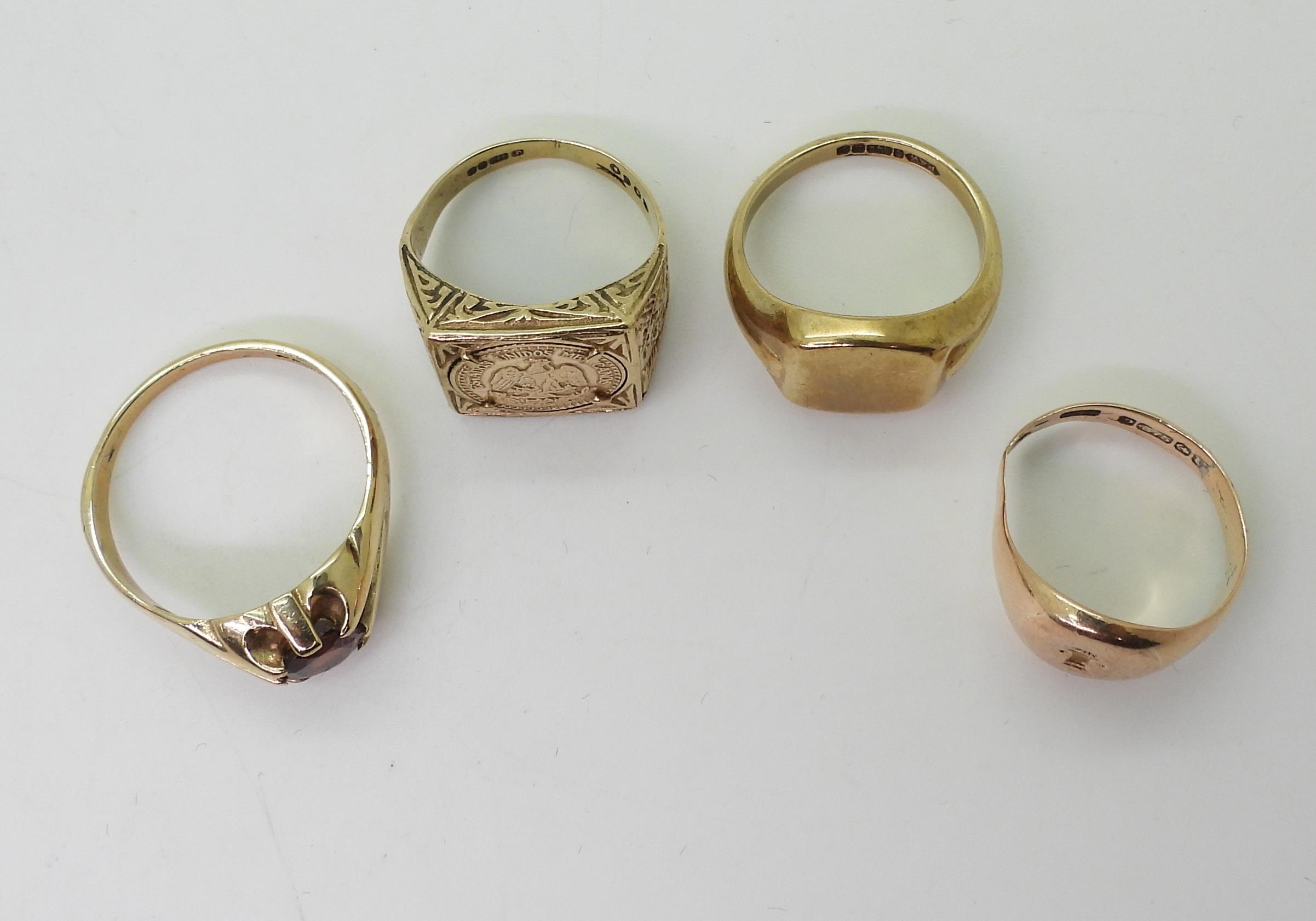 Four 9ct gold rings, signet ring, size O1/2, rose gold signet, size P, Mexican Dos Pesos ring, - Image 3 of 3