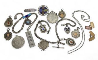 Two Victorian 1887 coins made into a pendant, and brooch with enamel, a silver fob chain with