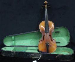A two piece back violin 33.5cm with case. This Instrument is from the estate of the late Scottish