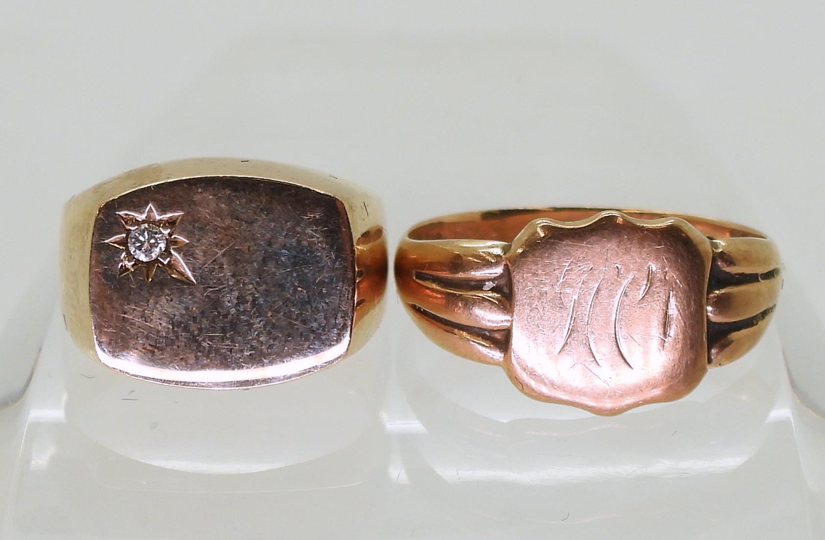 Two 9ct gold signet rings, diamond set size L1/2, shield shaped size U, weight combined 9.3gms - Image 3 of 5