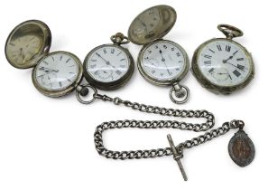 Four silver pocket watches, A large Tissot open face with an engraved horse to the case, a double