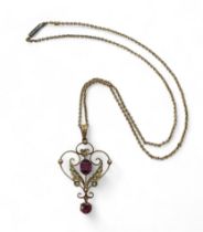 A 9ct gold pink glass gem and pearl Edwardian pendant, with 43cm, 9ct gold vintage chain, weight 4.