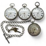 Four silver open face pocket watches, and a silver fob chain with attached key and cannon charm. The