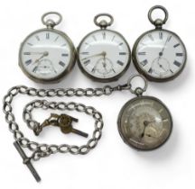 Four silver open face pocket watches, and a silver fob chain with attached key and cannon charm. The