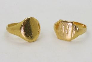 Two (af) signet rings, one hallmarked 18ct gold, the other yellow metal, weight together 12.9gms