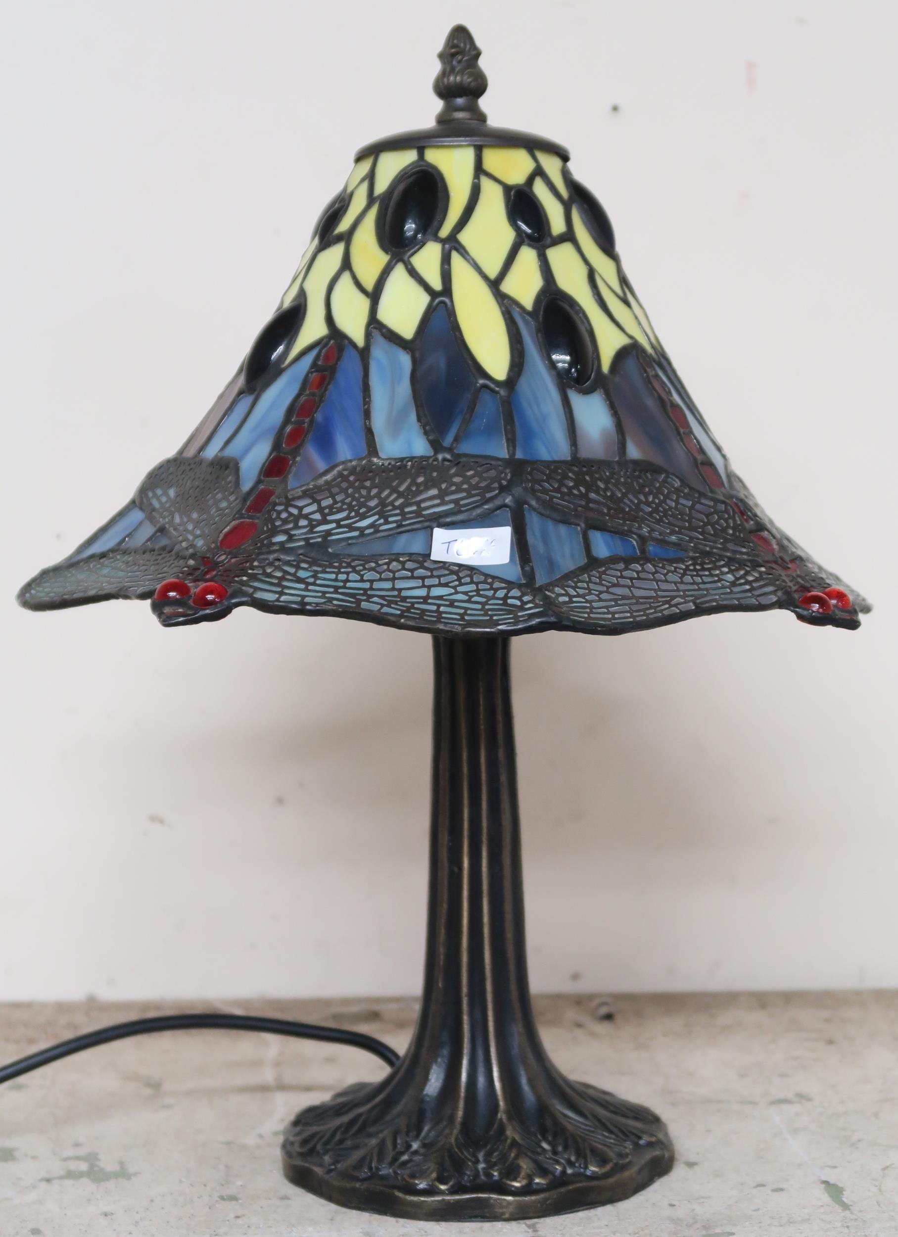A lot comprising contemporary Tiffany style table lamp with leaded stained glass shade decorated - Image 3 of 3