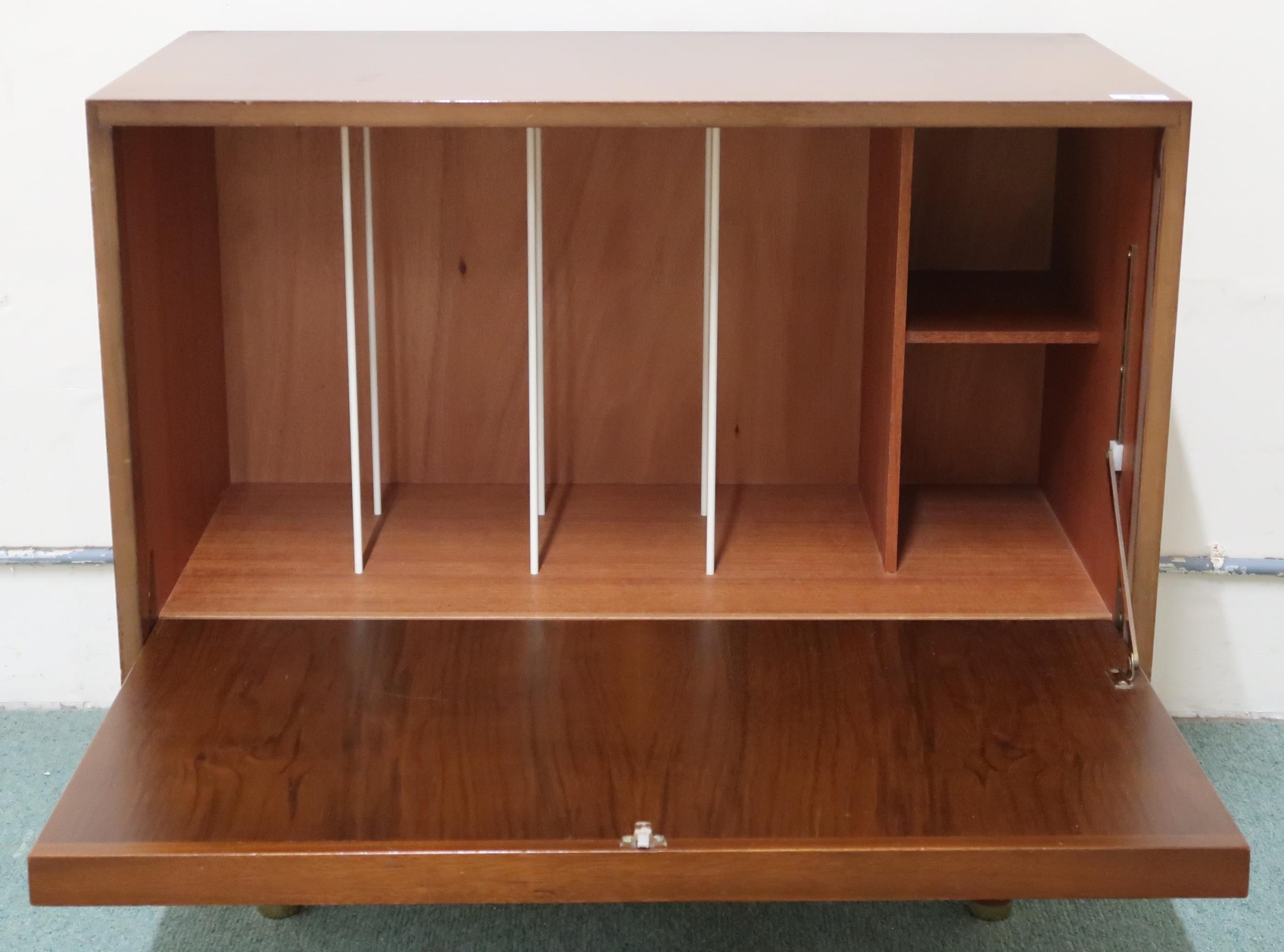 A mid 20th century stained teak fall front record cabinet with internal dividers on cylindrical - Image 2 of 2