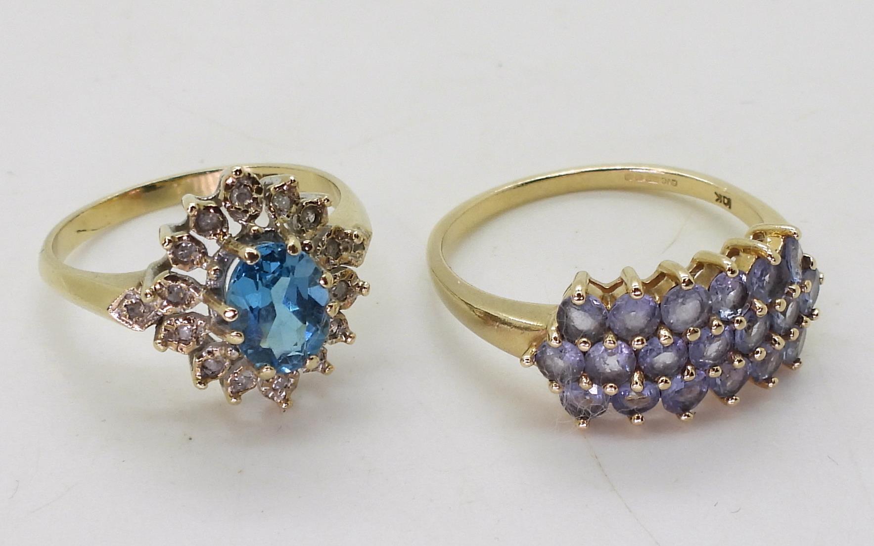 A 9ct blue topaz and  diamond ring, size R, together with a 10k gold tanzanite cluster ring, size X, - Image 4 of 5