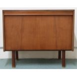 A mid 20th century stained teak fall front record cabinet with internal dividers on cylindrical