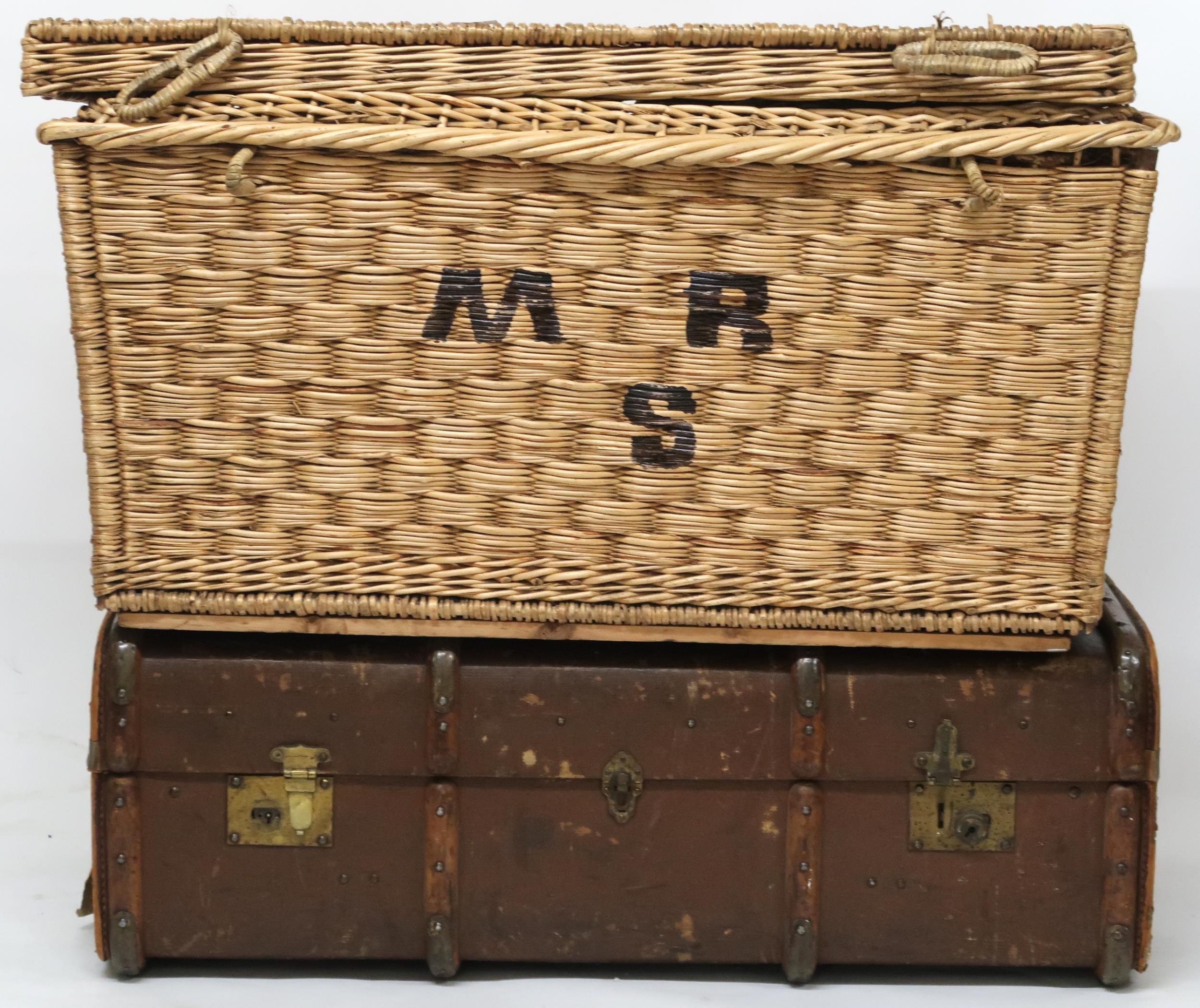 A lot comprising 19th century wicker laundry hamper, 50cm high x 91cm wide x 61cm deep and a wood