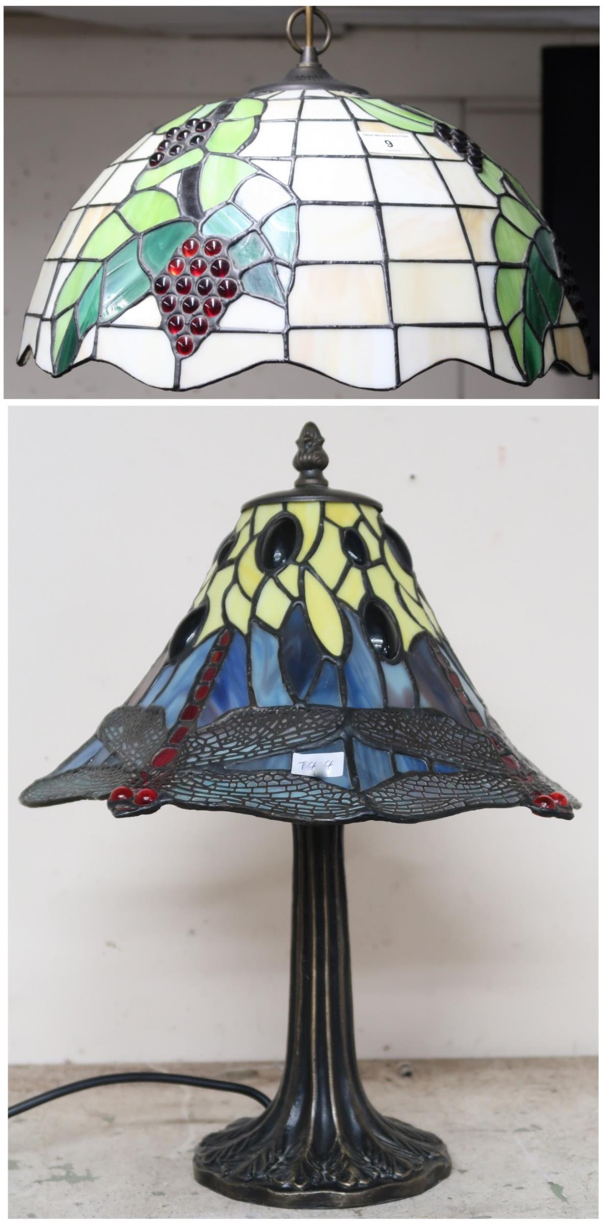 A lot comprising contemporary Tiffany style table lamp with leaded stained glass shade decorated