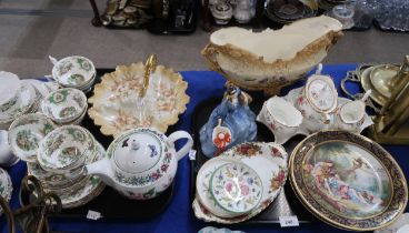 Three Limoges plates, a Royal Doulton figures, a Turn Wien centrepiece, Coalport tea wares etc