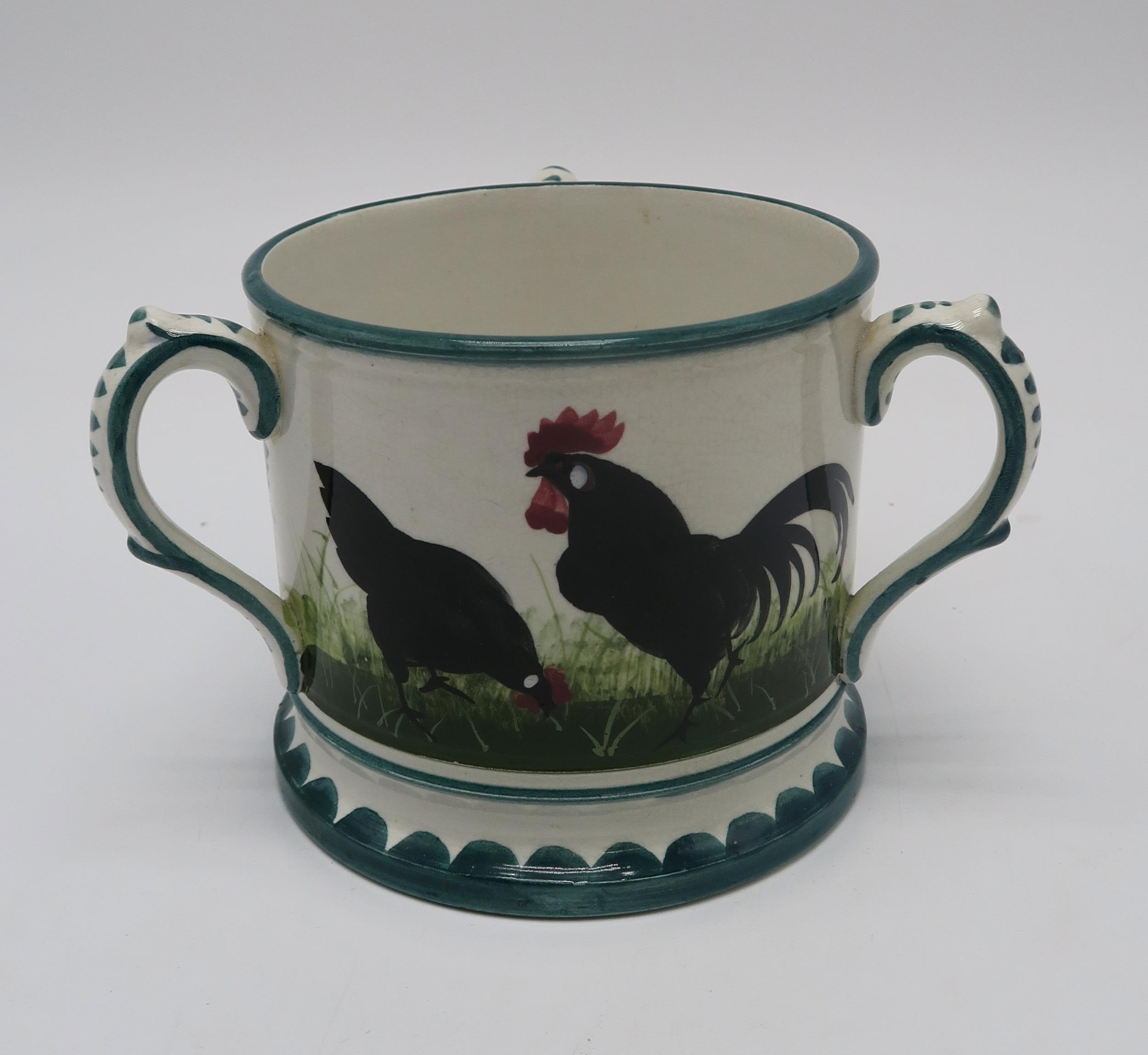 A Wemyss ware black cockerel and hens double inkwell 26cm wide, together with a tyg, 10cm high (2) - Image 5 of 5