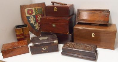 Assorted boxes, to include an amboyna-veneered cigarette box, a velvet-lined leather-clad