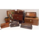 Assorted boxes, to include an amboyna-veneered cigarette box, a velvet-lined leather-clad