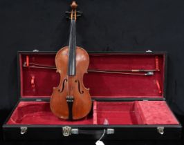 A two piece back violin 36cm together with a bow 62 grams and case Condition Report:Available upon
