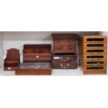 A mixed lot to include oak haberdashers style drawers with glazed drawer facings, oak two drawer