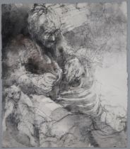 ANDA PATERSON RSW RGI (SCOTTISH 1935-2022)  STUDY OF WOMAN WITH CATS  Carbon and pastel, signed