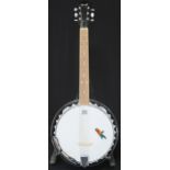 An Ozark six string guitar banjo, 19 frets, with a fitted case and strap Condition Report: