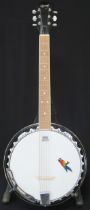 An Ozark six string guitar banjo, 19 frets, with a fitted case and strap Condition Report: