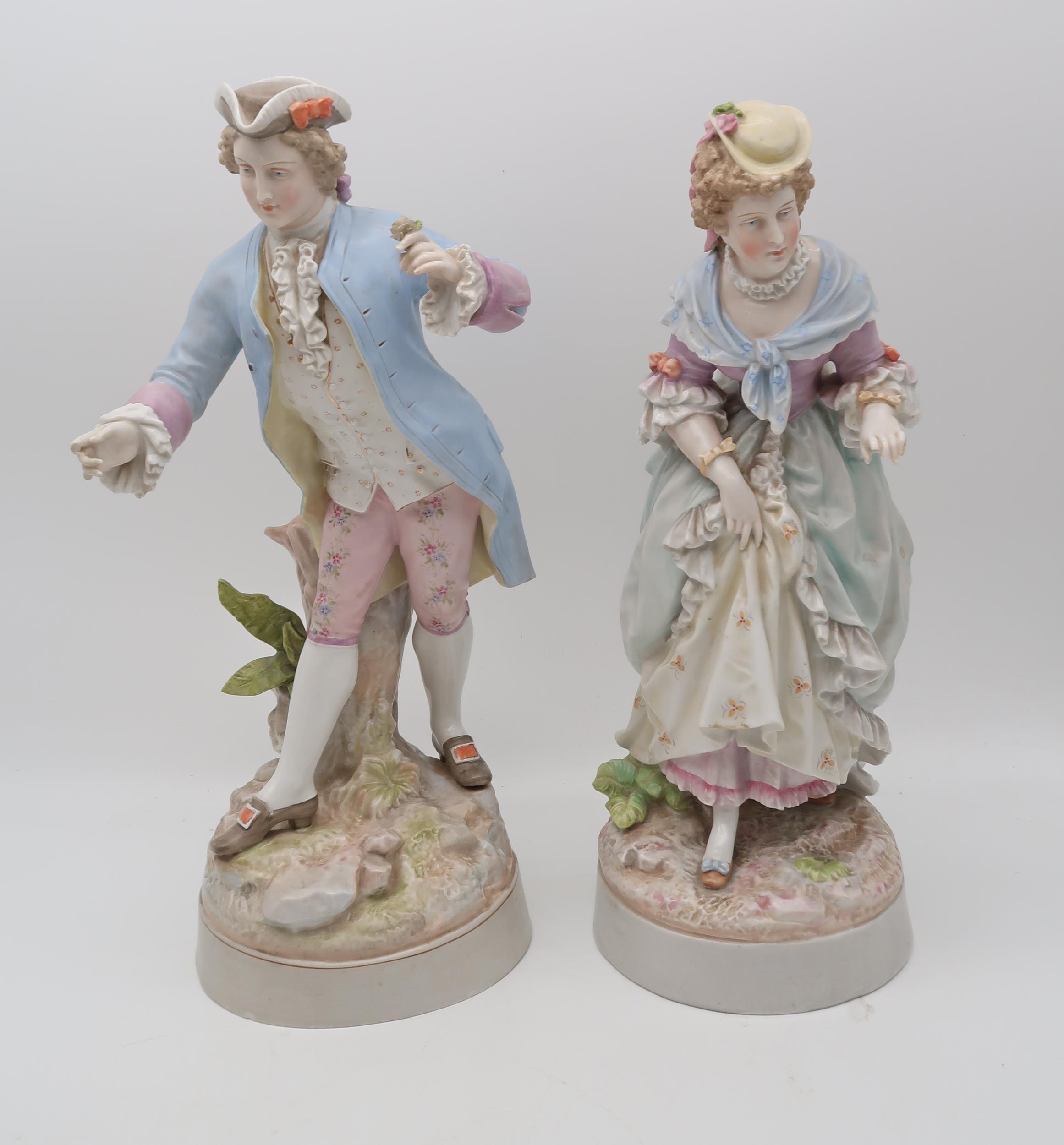 A pair of Meissen style figures in 18th century dress, together with two other figures Condition - Image 2 of 3