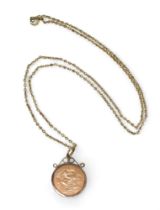 A 1902 gold half sovereign in 9ct gold pendant mount with 51cm yellow metal chain (clasp gold