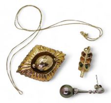 A 9ct gold traffic lights pendant and chain, and a yellow metal locket back brooch, weight 9.8gms,