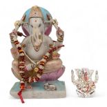 A painted alabaster model of Ganesh, 32cm high, and a silver coated example by Lorodana Sandona, 9cm