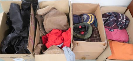 A lot of three boxes of assorted gents clothes to include sheepskin coat, knitwear and hats (3)