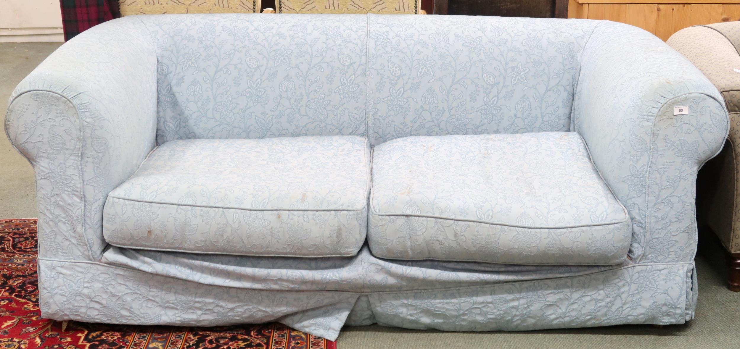 A 20th century blue Damask upholstered two seater settee, 69cm high x 183cm wide x 106cm deep