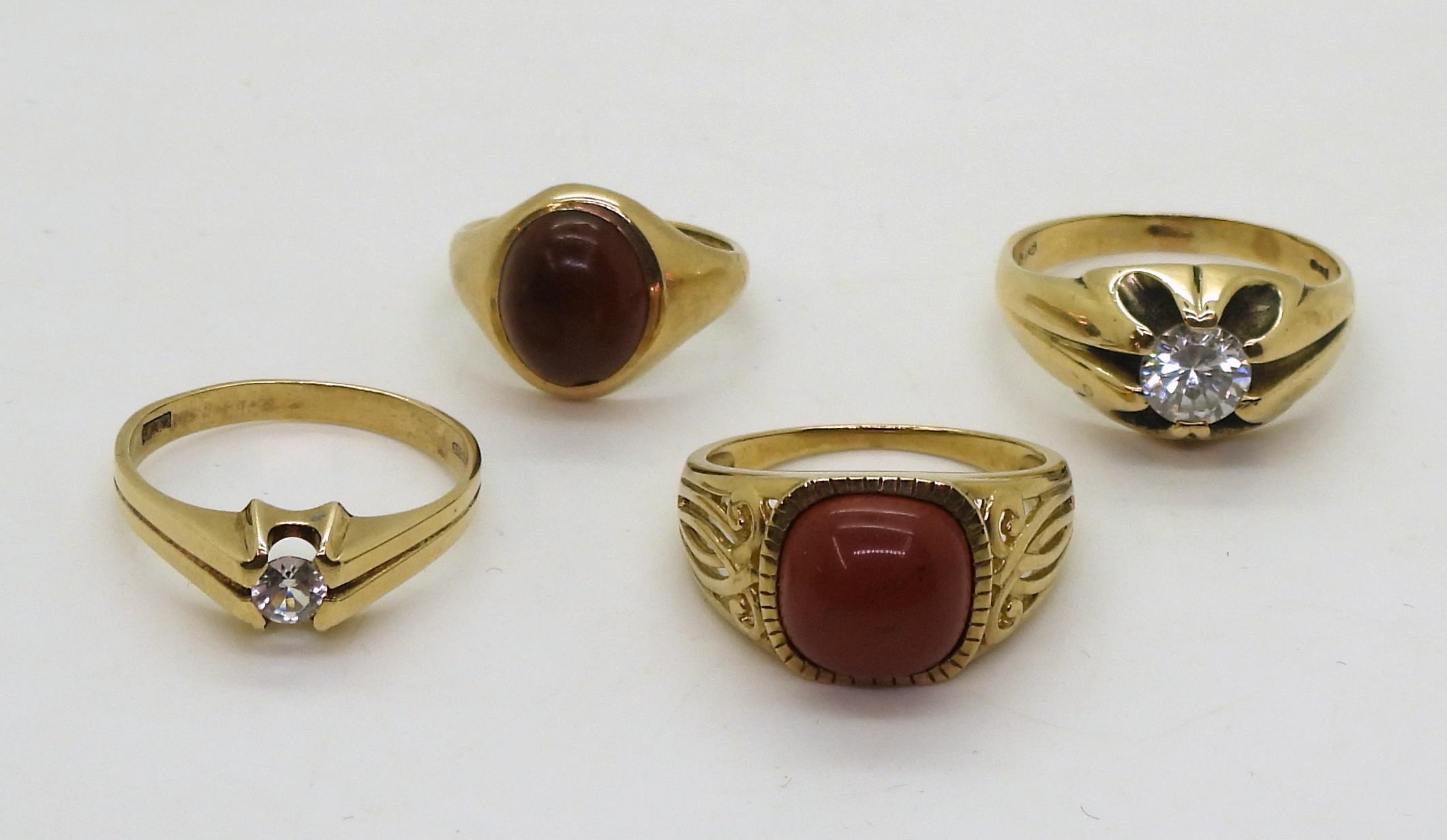 Four 9ct gold rings, large cz gypsy ring Z1/2, smaller example V1/2, red jasper W, brown gemN1/2. - Image 2 of 3