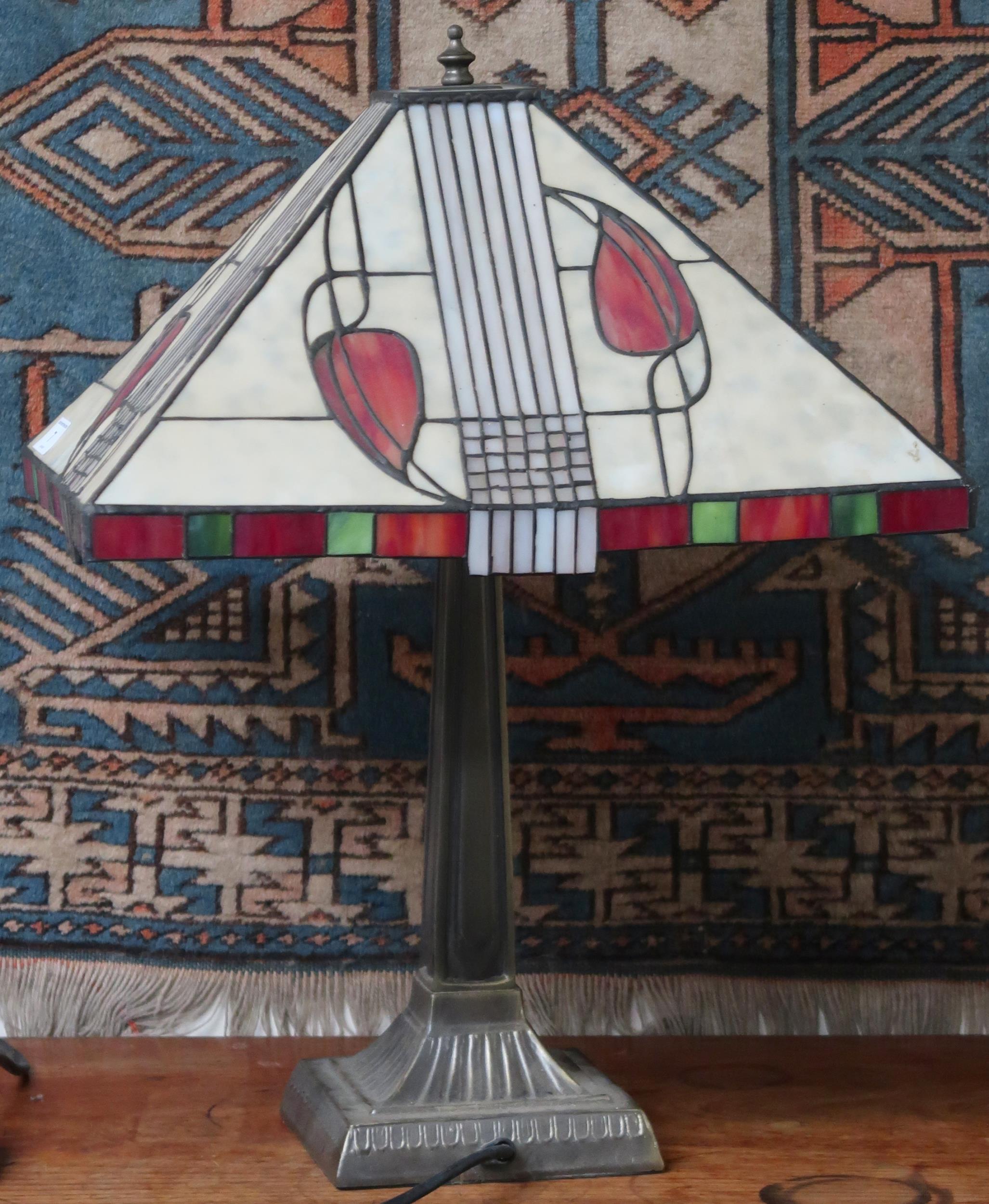 A lot comprising contemporary Tiffany style table lamp with leaded stained glass shade, an oval - Image 3 of 3