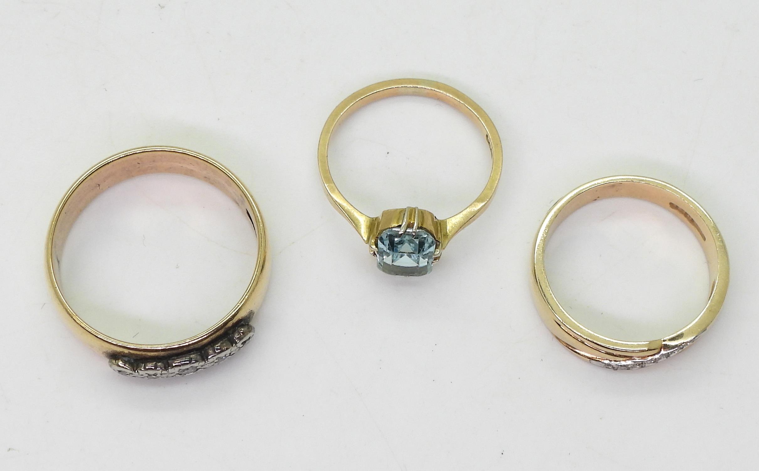 Two 9ct gold diamond set band rings, sizes O1/2, W1/2 and a 9ct blue gem ring, size N1/2, weight - Image 2 of 2