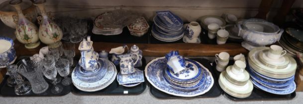 A collection of assorted blue and white transfer printed pottery, other ceramics and glass Condition