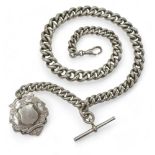 A heavy silver tapered fob chain with silver medallion, hallmarked to every link, tapers from 12.1mm