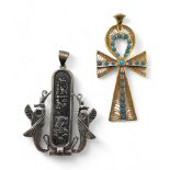 An Arabic gold filigree Ankh pendant, set with turquoise gems, together with a silver hieroglyph