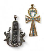 An Arabic gold filigree Ankh pendant, set with turquoise gems, together with a silver hieroglyph