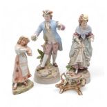 A pair of Meissen style figures in 18th century dress, together with two other figures Condition