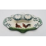 A Wemyss ware double inkwell painted with a brown cockerel and hen, impressed marks to base, 26cm