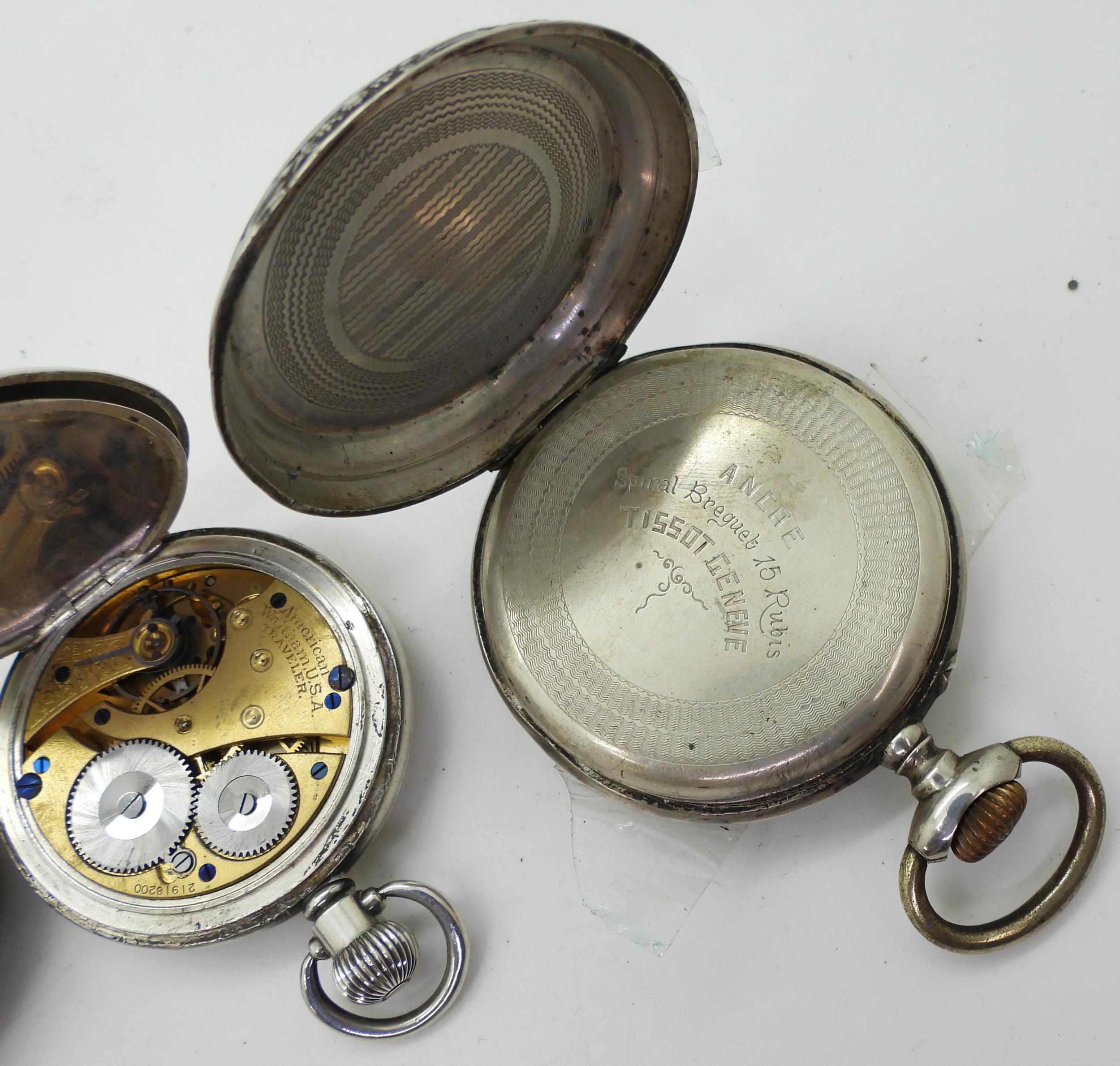 Four silver pocket watches, A large Tissot open face with an engraved horse to the case, a double - Image 5 of 7