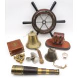 Assorted maritime collectables to include a small three-draw brass and leather-clad telescope by